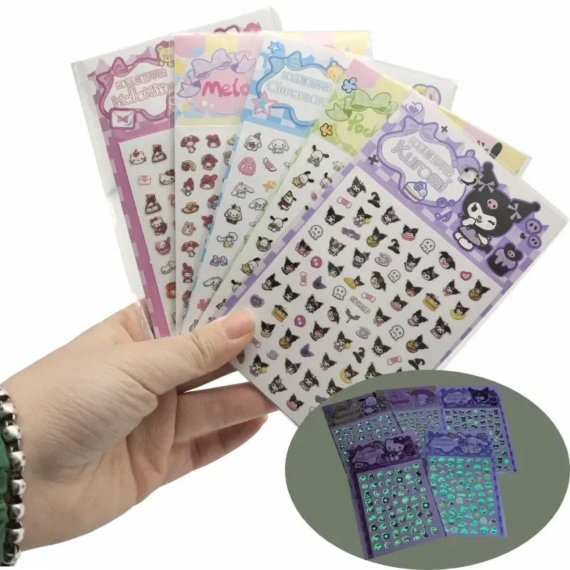 

8 шт., детские наклейки для ногтей «Hello Kitty», булочка с корицей, 3d наклейки для ногтей, светящиеся милые наклейки с героями мультфильмов для девочек, оптовая продажа