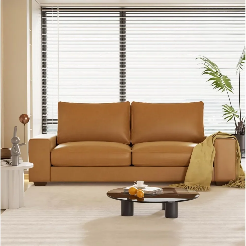 Faux Leather Couch, Mid Century Modern Comfy Loveseat Sofa with Wide Arm, Side Pockets, Solid Wooden Frame for Office