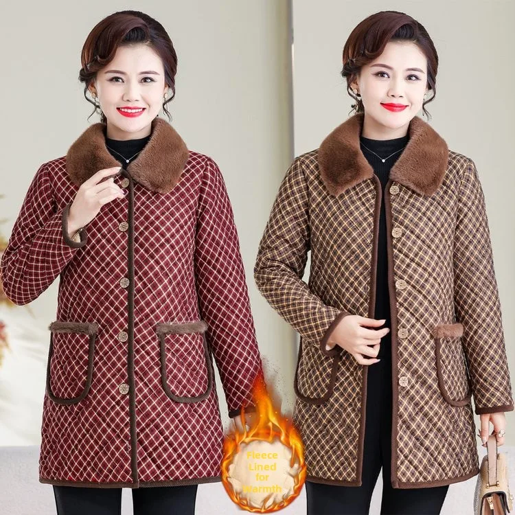 

Утепленная хлопковая куртка средней длины с пышным воротником, теплая осенне-зимняя женская одежда, в клетку, на флисовой подкладке
