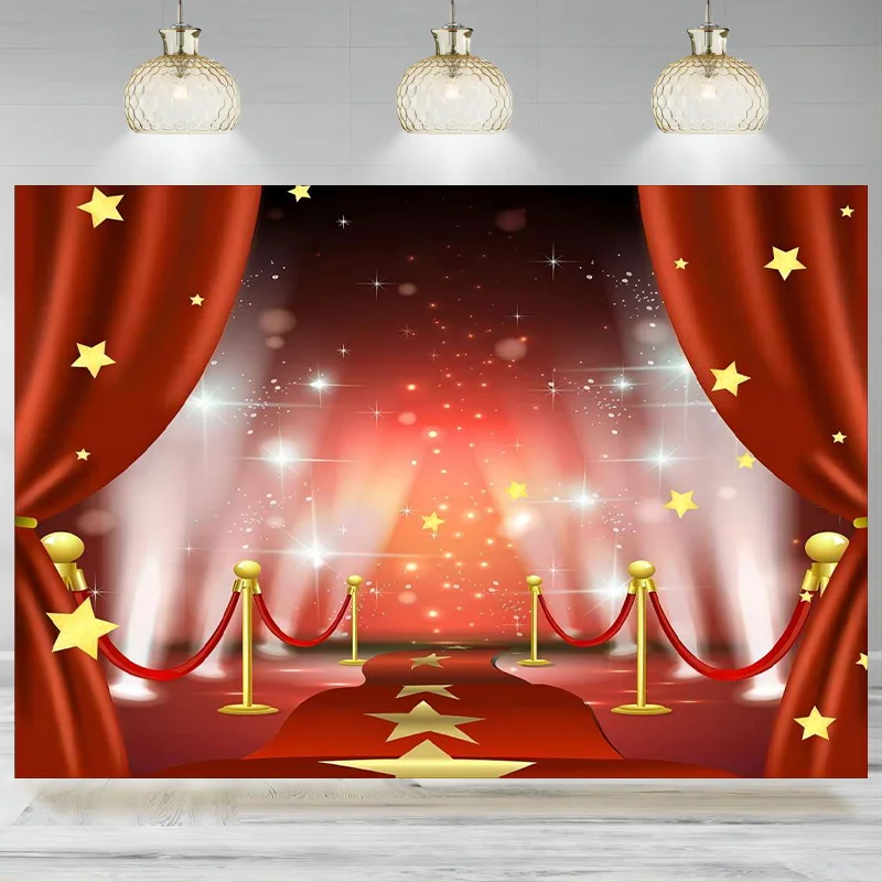 Red Carpet Curtain Golden Stars Hollywood Backdrop Photography Spotlights Show Background Family Birthday Wedding Banner