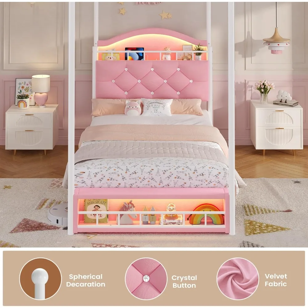 إطار سرير مزدوج المظلة مع أضواء LED ومحطة شحن، سرير بمنصة منجدة مخملية للفتيات، لوح رأسي مع Ch