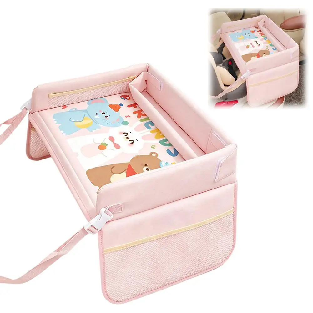 Kindersitz-Ablage Wasserdichter Reise-Spieltisch für Kindersicherheitssitz mit Cartoon-Motiven und mehreren Taschen für die Rücksitzaktivitäten – Detail 4