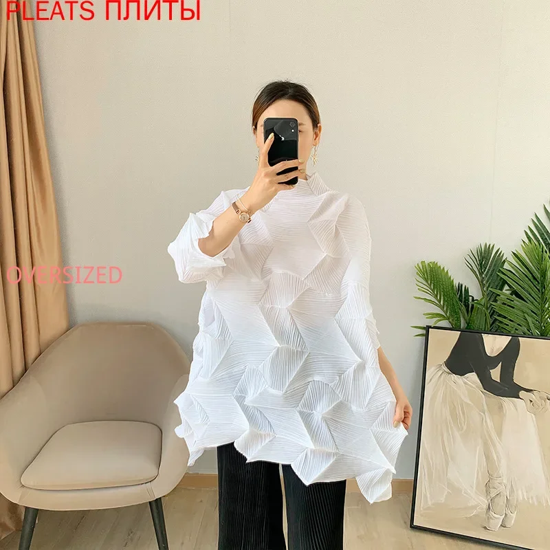 Miyake Pleated Diamond Top, White Messy Pleated T-shirt, Wide Version, Loose, Large Size, Long PLEATS Shirt, Summer, New