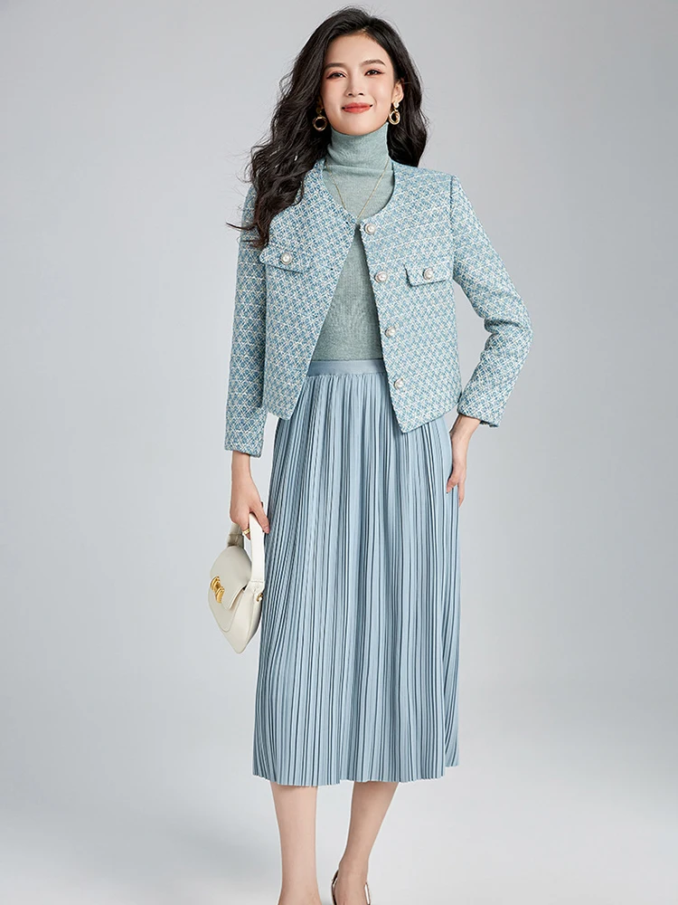 ZJYT Autumn Winter Midi Dress Sets Two Piece for Women 2024 Elegant Tweed Jacket and Pleated Skirt Suit Party Office Outfits