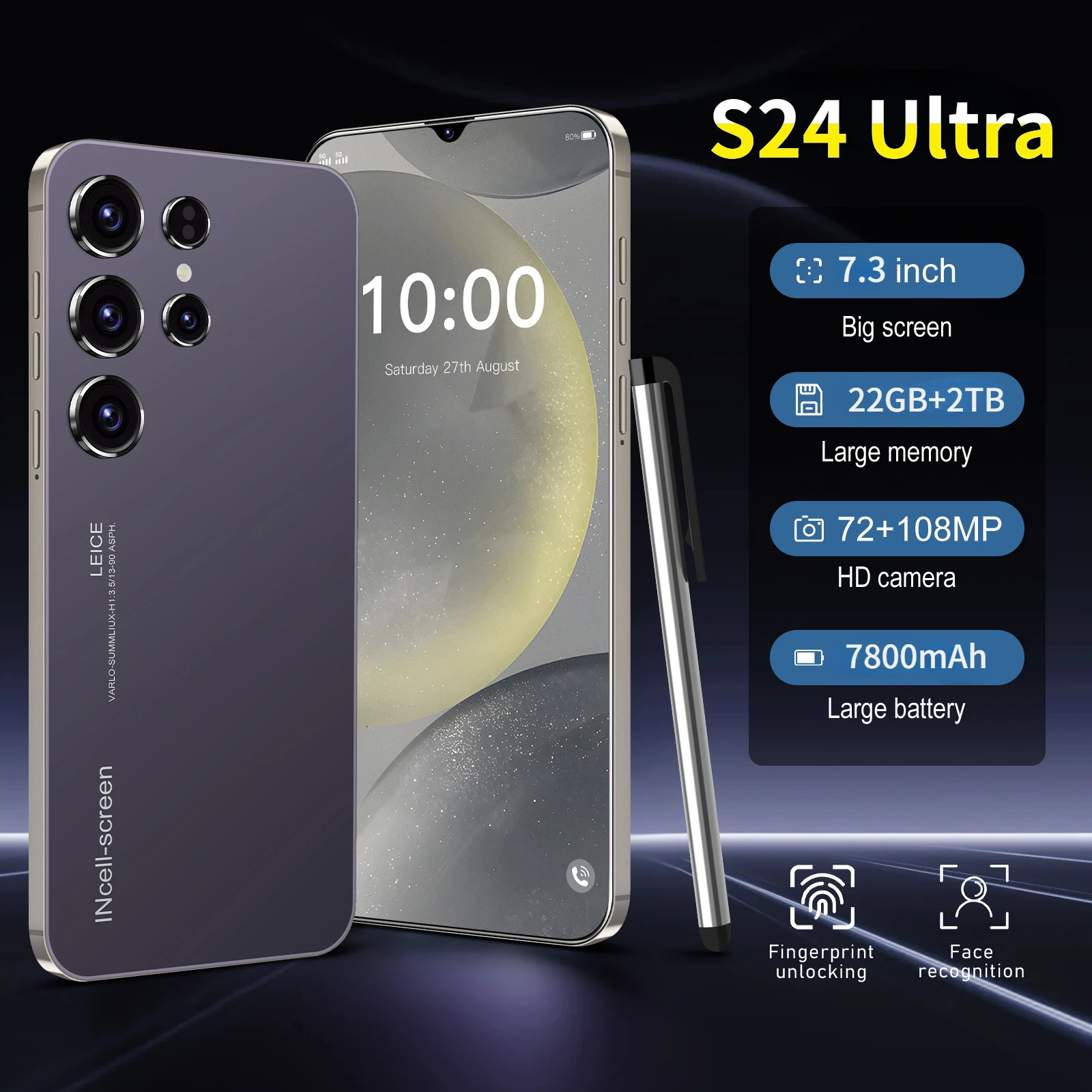 Global S24 Ultra smartphone 7.3 HD Screen 22GB+2TB 7800mAh Android 14 Celulare 5G Dual Sim Face Unlocked Original Mobile Phone