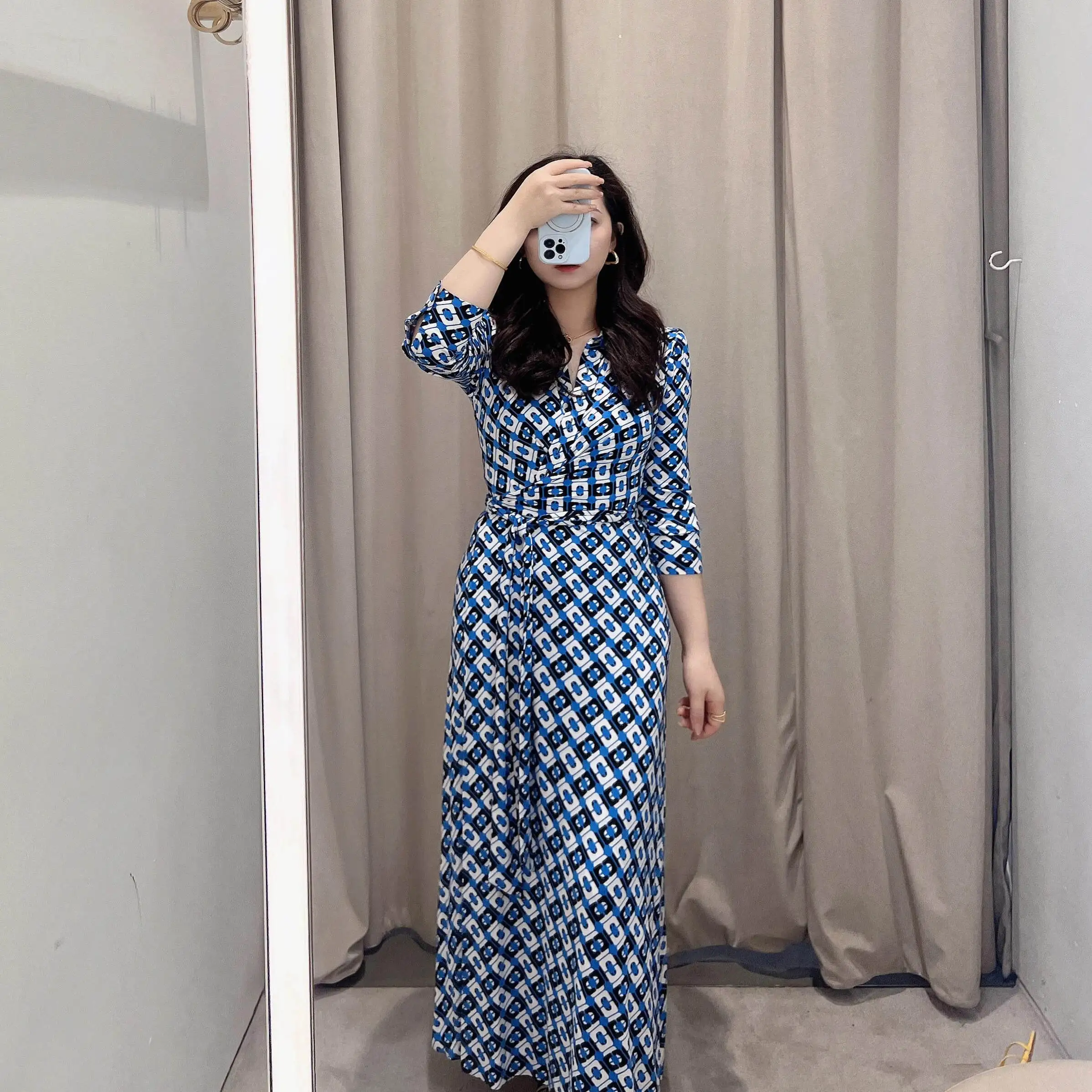 

Новая женская летняя юбка-миди в стиле ретро с воротником, длинная, синяя, с принтом в виде цепочек, на талии, из других материалов