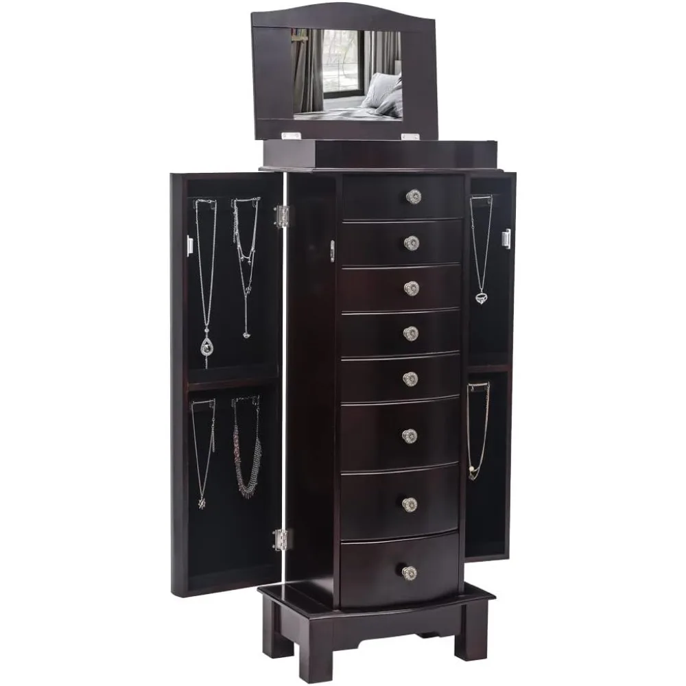 خزانة مجوهرات خشبية كبيرة الحجم مع مرآة علوية قابلة للطي ومقصورات تخزين - خزانة دولاب فاخرة لأورجاني المجوهرات #5