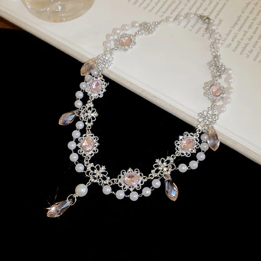 Neue Damen-Halskette im Lolita-Stil, Weiße Spitzen-Halskette, Perlen-Quasten-Strass-Halskette, Süße Coole Mode-Halsketten, Geschenk für Mädchen