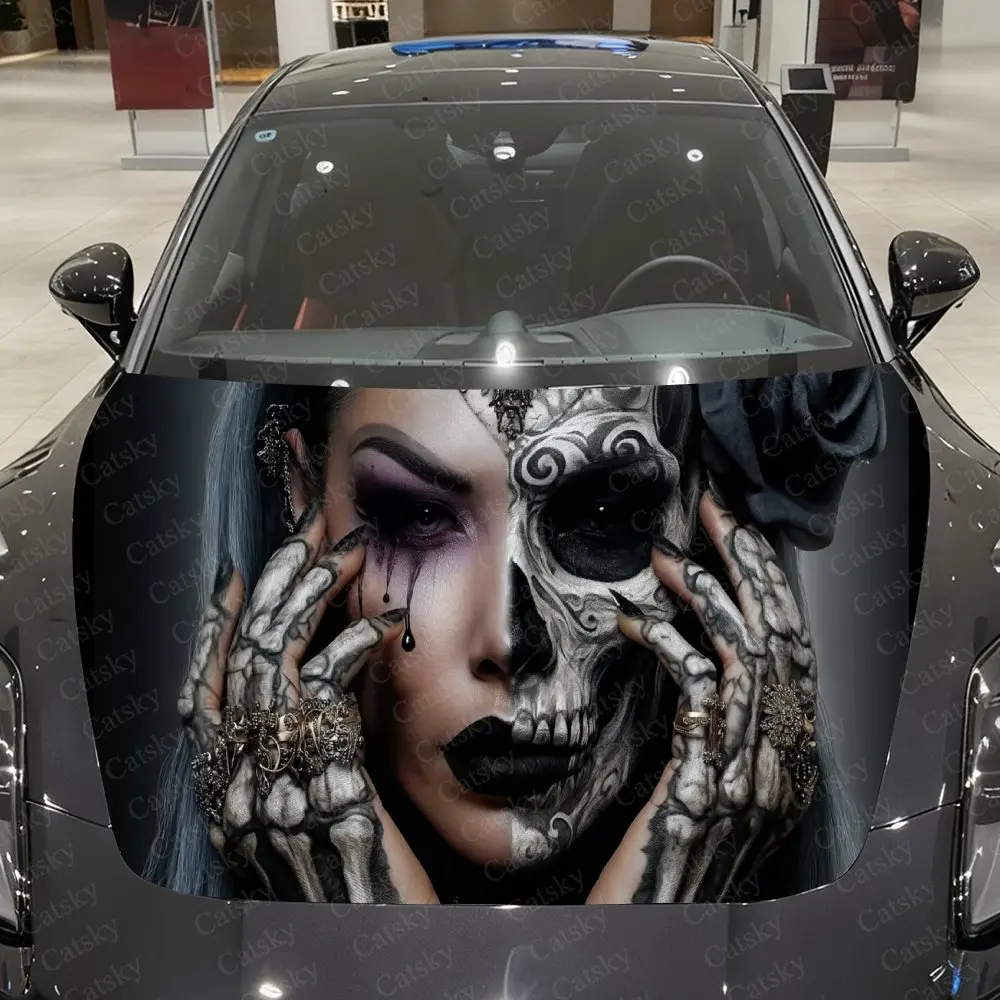 Skull Makeup and Gothic Lady Car Vinyl Wrap, PVC Material Waterproof Car Hood Sticker, Self-Adhesive Scratch-Resistant Stickers