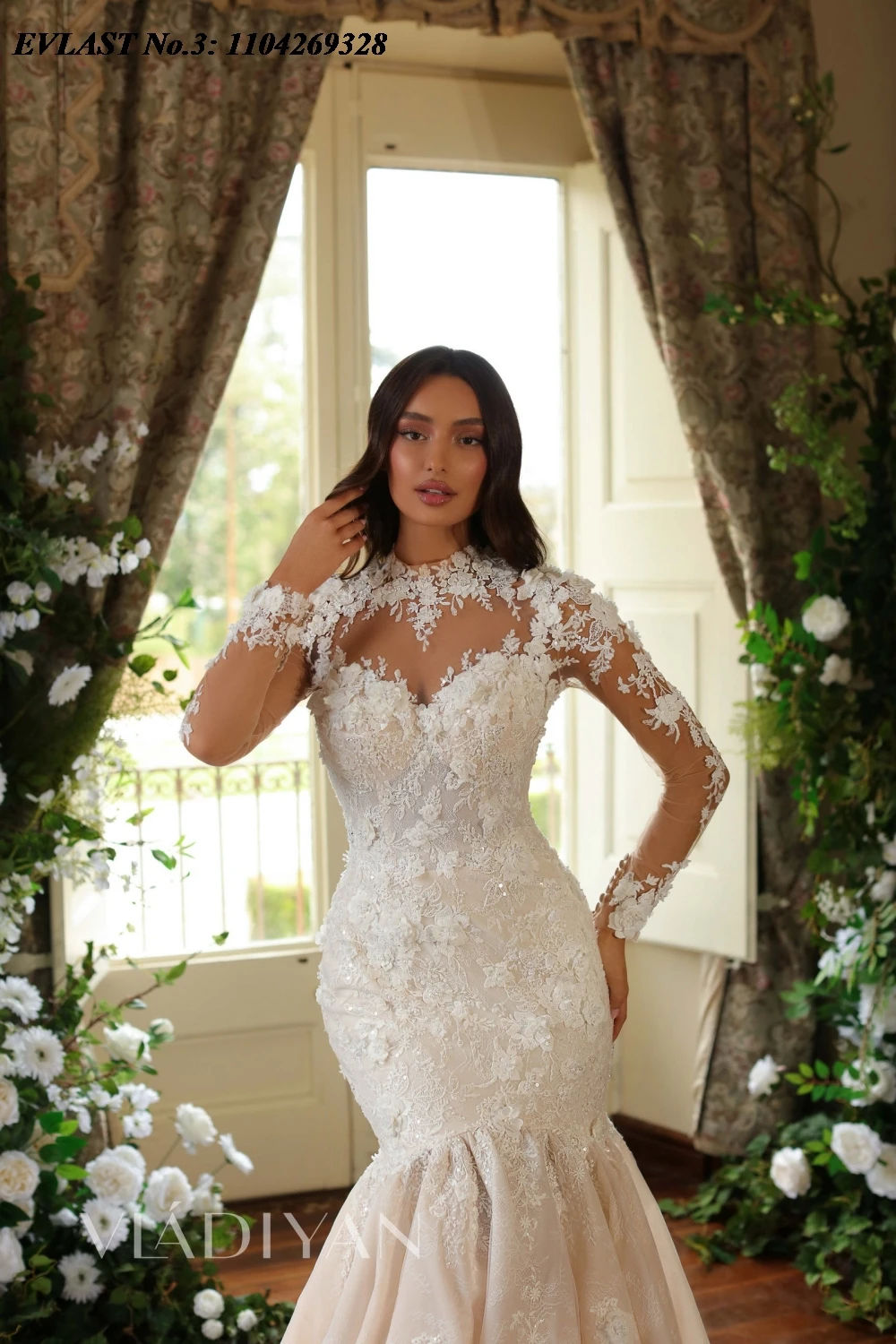 EVLAST Customized Vintage Mermaid Wedding Dress Lace Floral Applique High Neck Long Sleeve Bridal Gown Vestidos De Novia E3W47