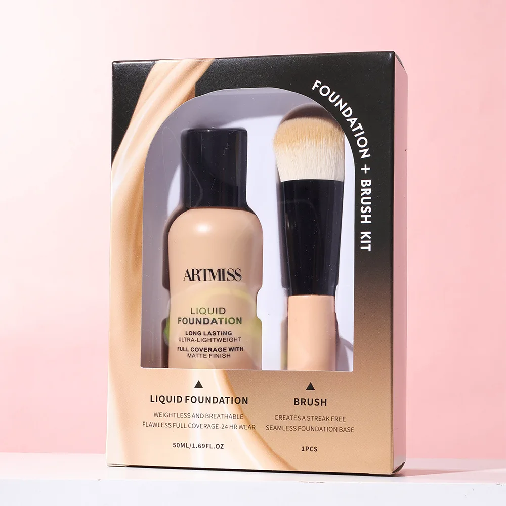 12color Private Label Liquid Foundation+brush Custom Logo 50ml Small Milk Bottle Foundation Brush Set Full Coverage Makeup Vegan