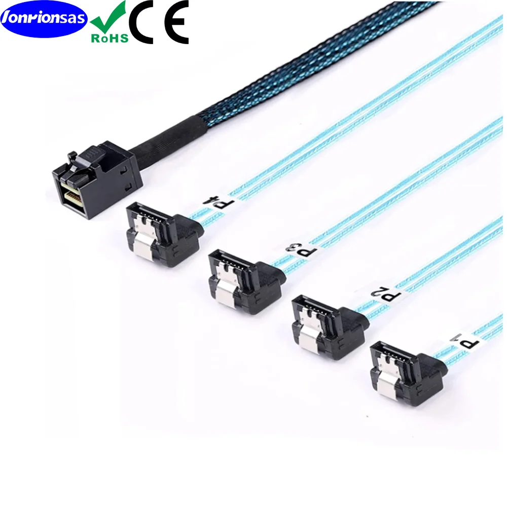 Wewnętrzny kabel Mini SAS HD SFF-8643 do 4x SATA 7pin żeński 90 stopni do dysków twardych, serwerów, RAID, 0.5m — zdjęcie produktu 3