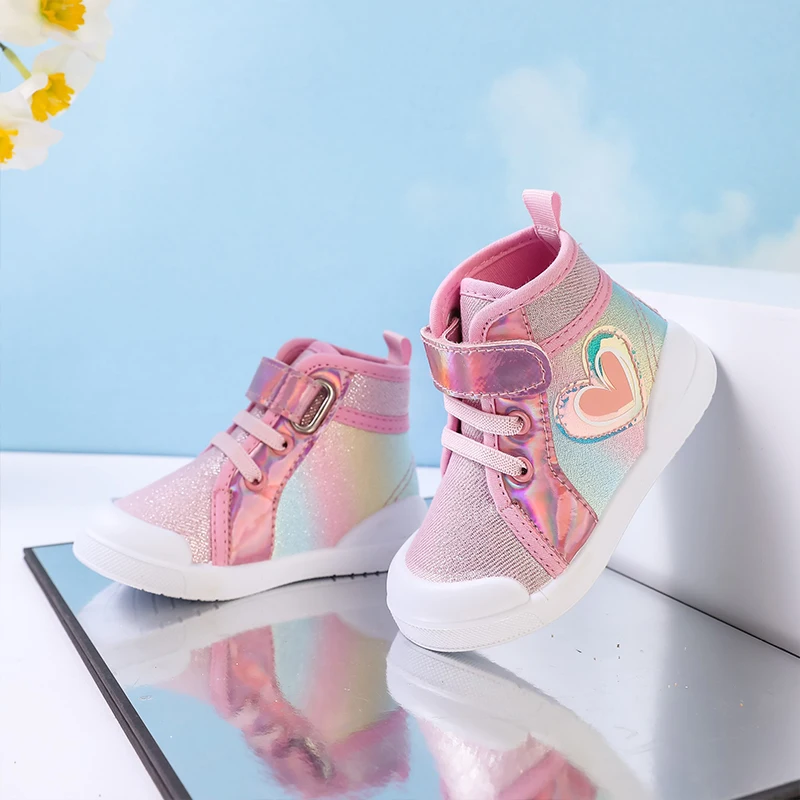 2024 Kids Canvas Shoes Autumn Spring Girls love Rainbow High-top Shoes Children Cute Princess shoes Kids Glitter Walking Shoes