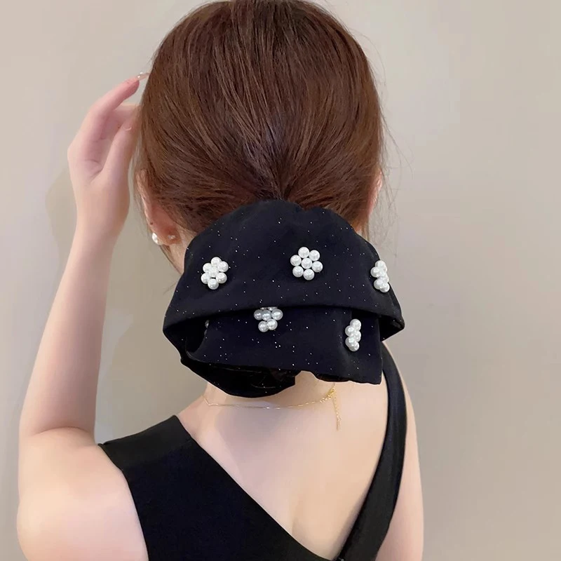 French Vintage Flower Pearl Black Scrunchies Large Intestine Hairband Temperament Elastic Hair Tie Women Hair Accessories