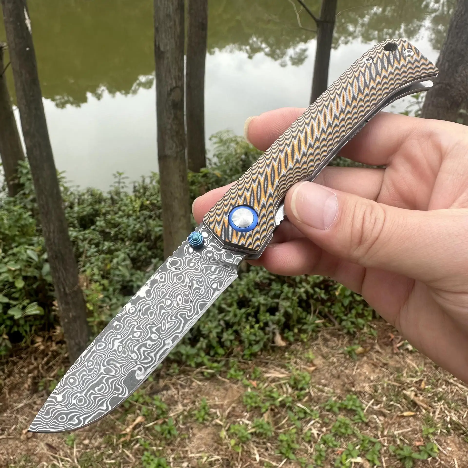 

НОВЫЙ дамасский VG10 стальной тонко полированный двухцветный складной нож G10 с гладким подшипником для кемпинга