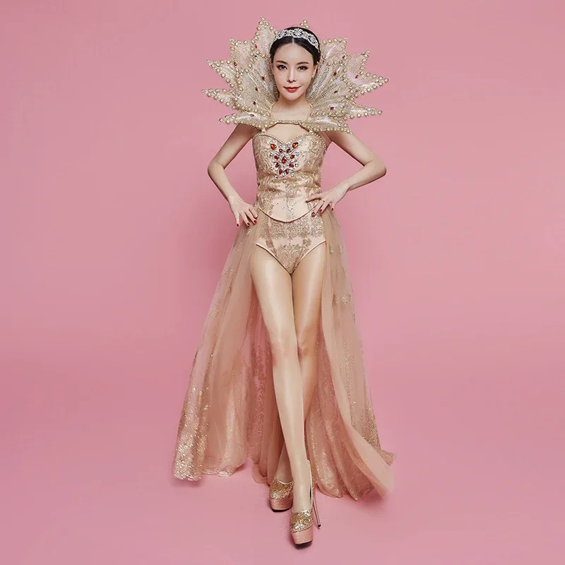 여성 고급 럭셔리 의상 금색 크리스탈 다이아몬드 바디수트 모던 댄스 쇼 의상 무대 캣워크 댄스웨어