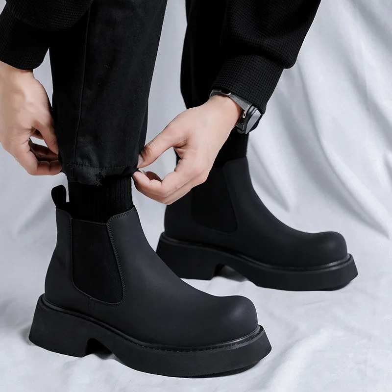 

men fashion chelsea boots big toe original leather shoes party banquet dress cowboy platform boot handsome black ankle botas man