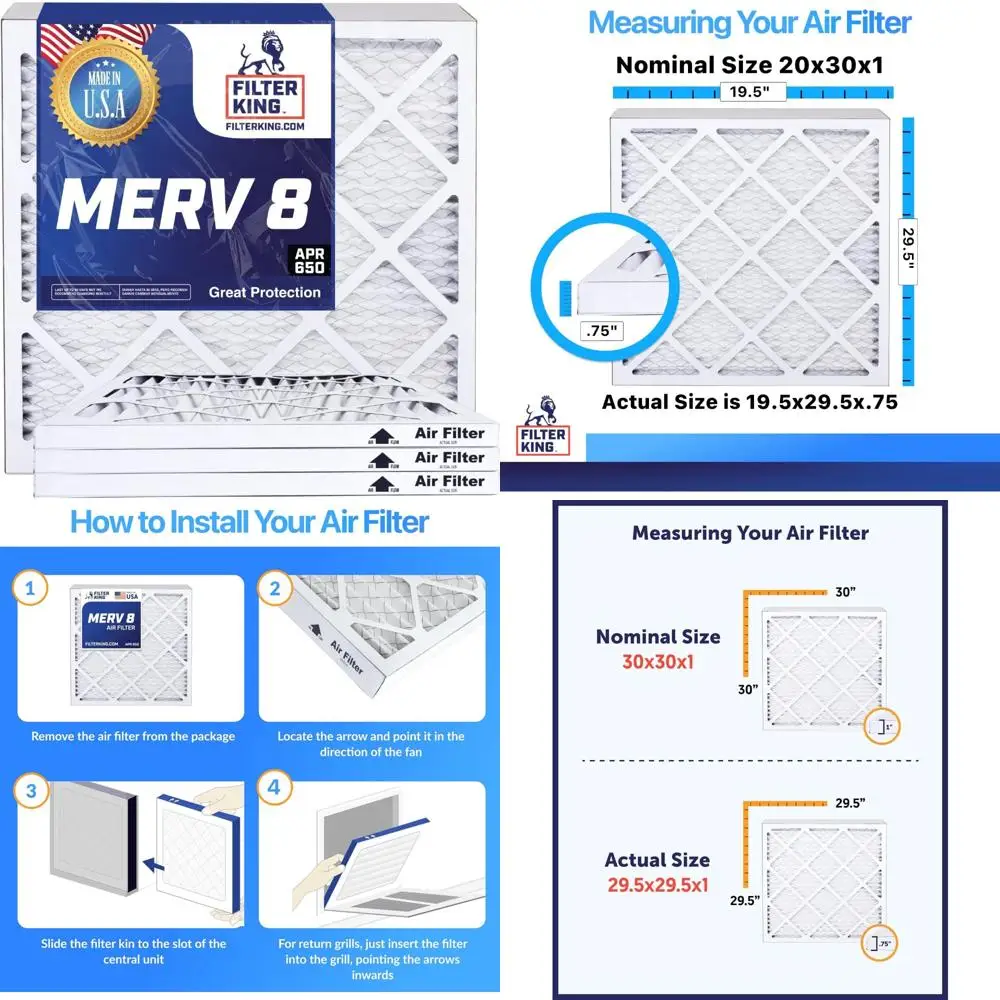 

HVAC Pleated Air Filters 20x30x1 MERV 8 A/C Furnace Filters 12-Pack, Made in USA, Actual Size 19.5x29.5x0.7 Inches