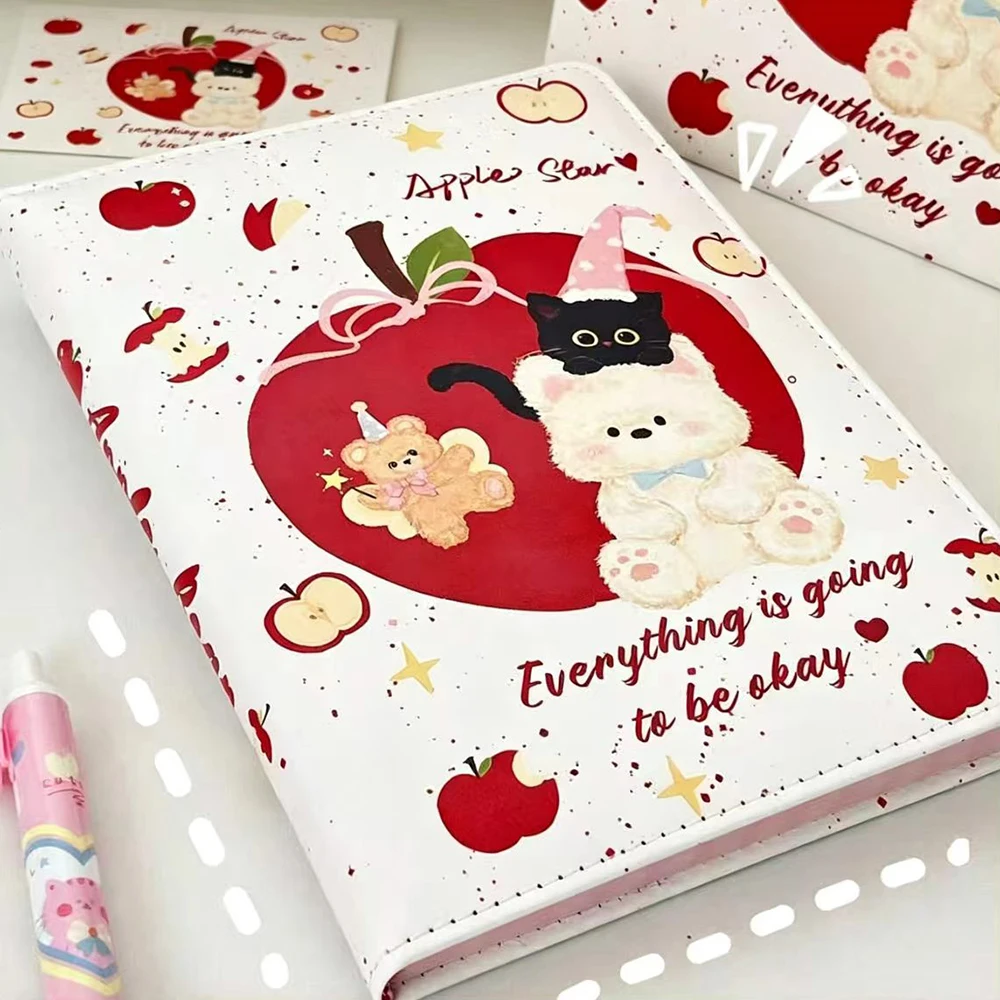 Cute Apple Bear A5 leather notebook, painted interior pages, students' thick and high aesthetic Instagram account book