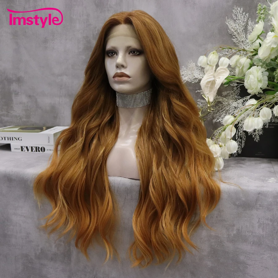 Imstyle Gold Wig T Part Synthetic Lace Front Wig Mixed Long Wavy Wigs For Women Heat Resistant Fiber Daily Cosplay Wigs