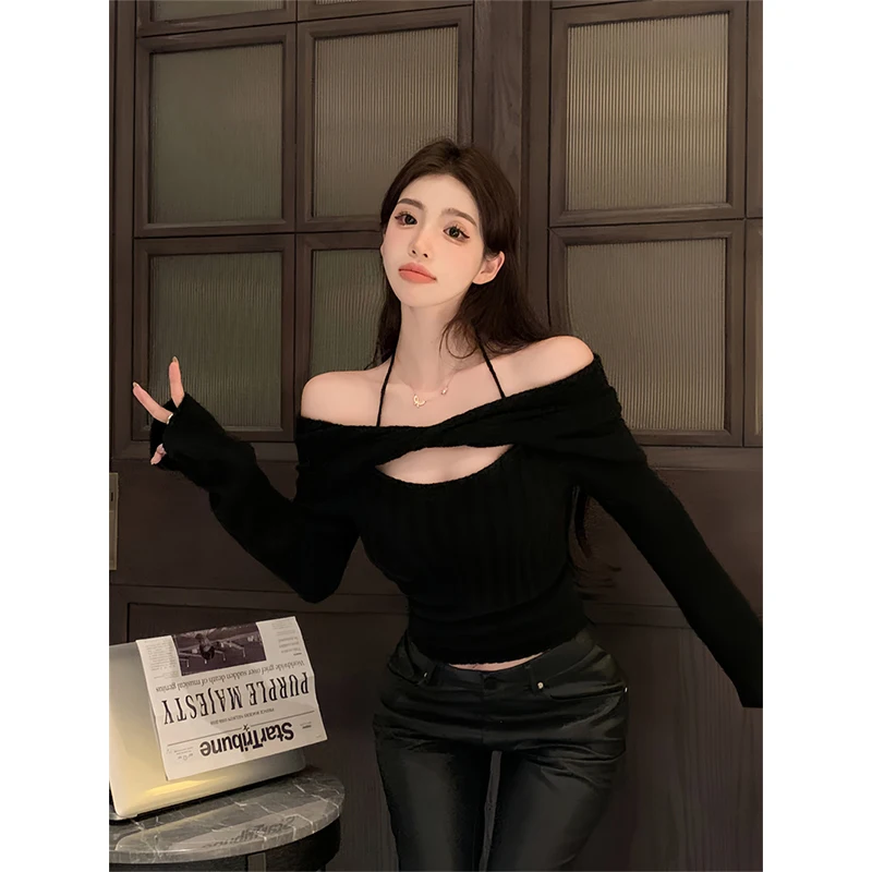 

MEXZT свитер с разрезом на шее, женские сексуальные укороченные черные вязаные пуловеры, корейский трикотаж с открытыми плечами и лямкой на шее, зимние модные джемперы