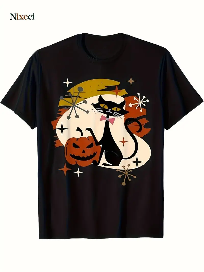 Men's Vintage 1950S Black Cat & Pumpkin Atomic Retro T-Shirt Soft Cotton Tee S-Xxxl Spooky For Halloween Party Outfit Gift Idea