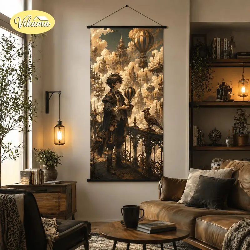 VIKAMA Steampunk Anime Boy Tapestry Hot Air Balloon Mechanical Crow Floating City Art Wall Hanging Bedroom Aesthetic Decor