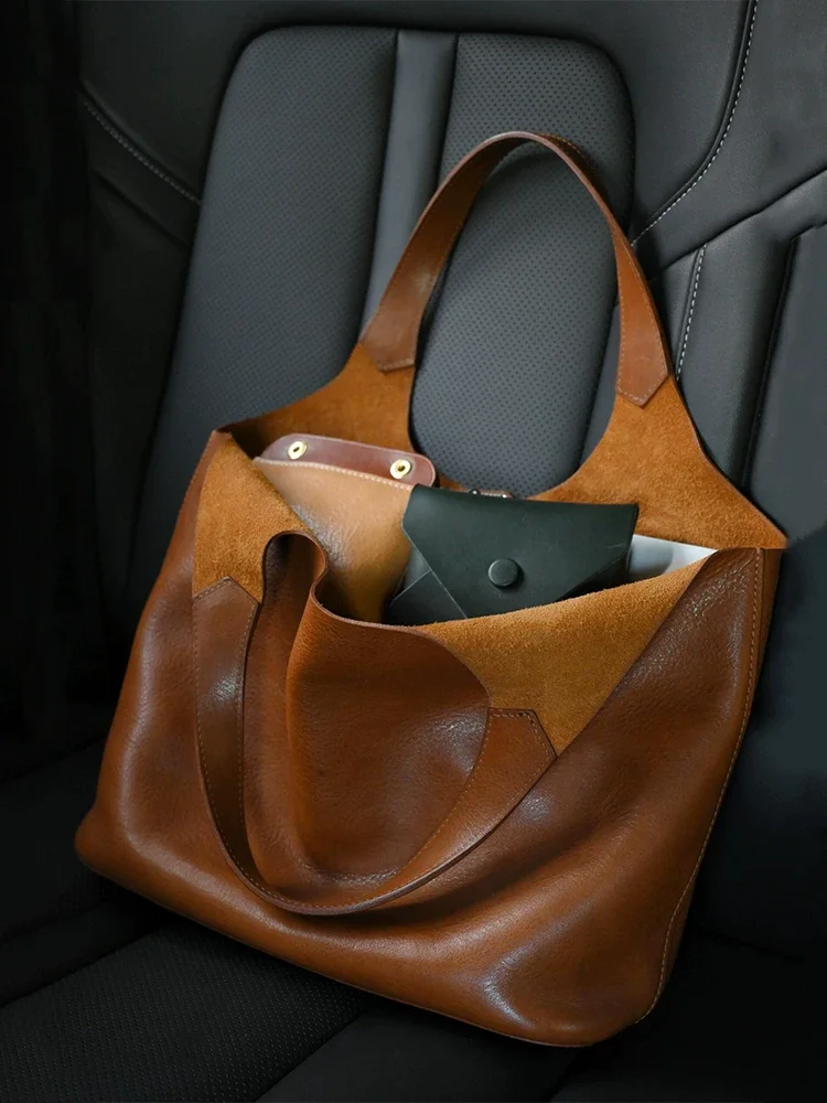 Brown Large Capacity Tote Bag Women's Handbag Underarm Single Shoulder Luxury Minimalist British Style Soft Leather Bag