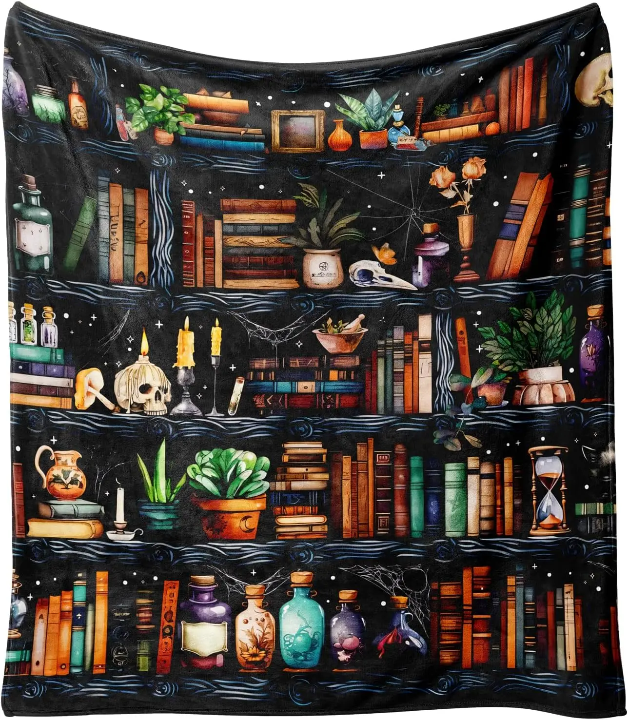 Book Lovers Blanket,Halloween Witches Bookshelf Skulls Black Cat Potions Fleece Blankets for Women Flannel Throw Blanket