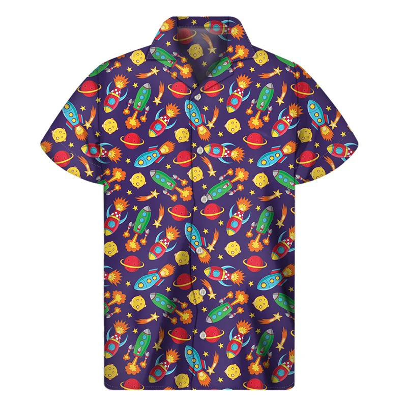 Cartoon Rocket Stars 3d Printed Shirt Men Summer Vacation Loose Short Sleeves Hawaiian Tee Shirts Button Lapel Aloha Blouse