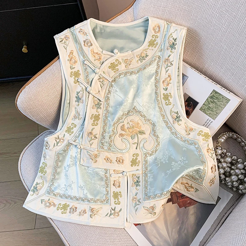

New Chinese Sle Ancient Wind Button round Ne Satin Weave Gold Weave Heavy Embroidery National Sle Improved Top Vest
