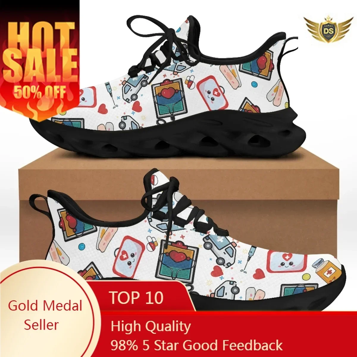 

Cute Cartoon Nurse Girl Medical Design Women Lace Up Sneaker Free Mesh Flat Shoes For Ladies Zapatillas Hot