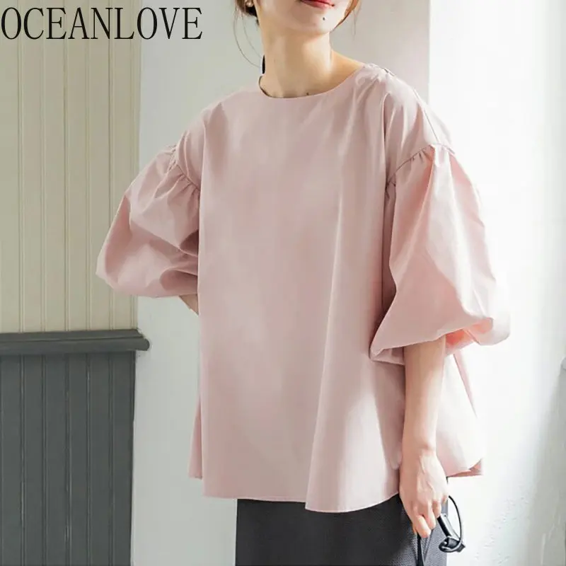 OCEANLOVE Blouses Women Tops Lantern Sleeve Solid Spring Summer Shirts Japan Style Vintage Loose Elegant Blusas Feminina