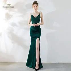 Sexy Prom Dress Satin Bare Back Split Simple Long Crystal V-neck Mermaid Party/Prom Dresses Customized