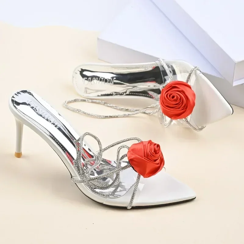 Женские босоножки с бриллиантами 35–42, большой размер, новые туфли на тонком каблуке с острым носком и открытым носком, с цветами, на высоком каблуке в сказочном стиле с юбкой