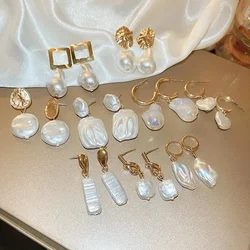 Metal Color Irregular Geometric Wrinkle Simulated Pearl  Alloy Drop Earrings Women Dangle Earrings Jewelry Accessories Gifts K-