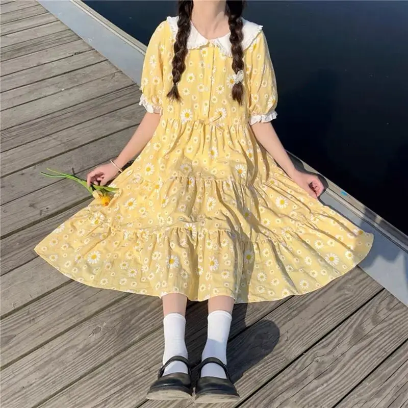 Gaganight Women Yellow Floral Printed Dress 2024 Summer New Loose Fitting Casual High Waisted College Style Puff Sleeves Dresses