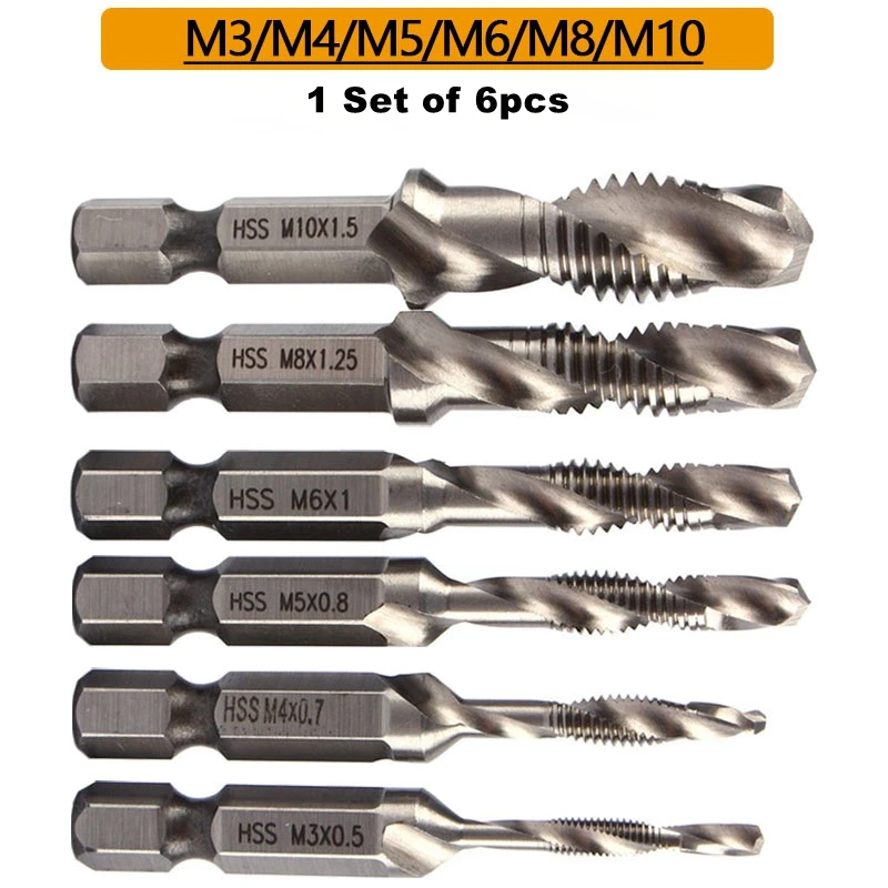 6Pcs Tap Drill Bit Set Hex Shank Titanium Plated HSS Screw Thread Bit Screw Machine Compound Tap M3 M4 M5 M6 M8 M10 Hand Tools
