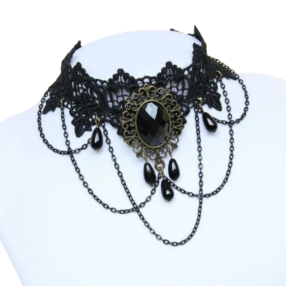 Gothic Black Lace Beaded Sexy Choker Necklace For Women Loli Girl Chain necklace neckband Halloween Party Wedding Trendy Prom