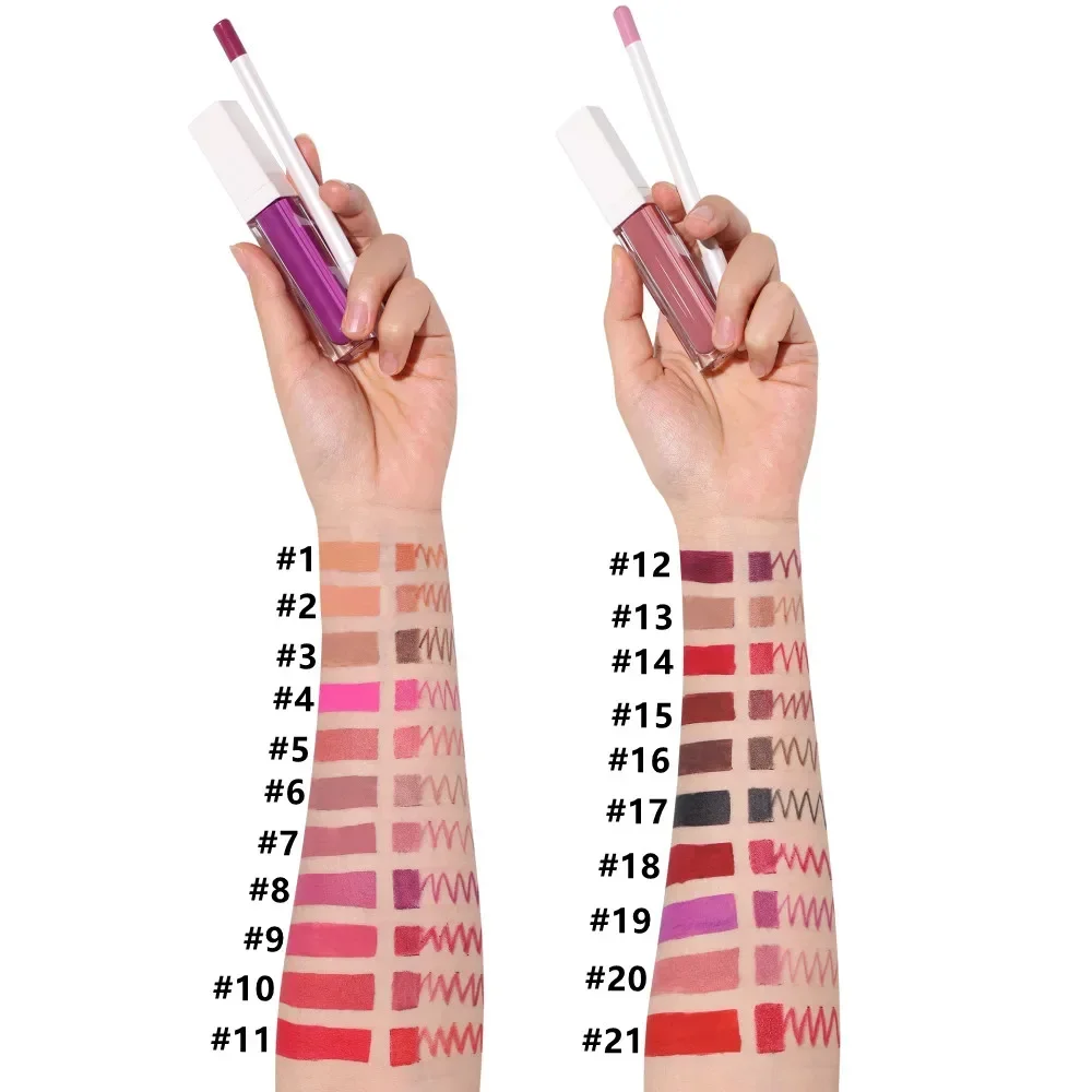 21 colori Vegan Lip Gloss Lip Liner Kit Private Label Lip Glaze rossetto opaco Non appiccicoso Lipliner Set trucco all'ingrosso