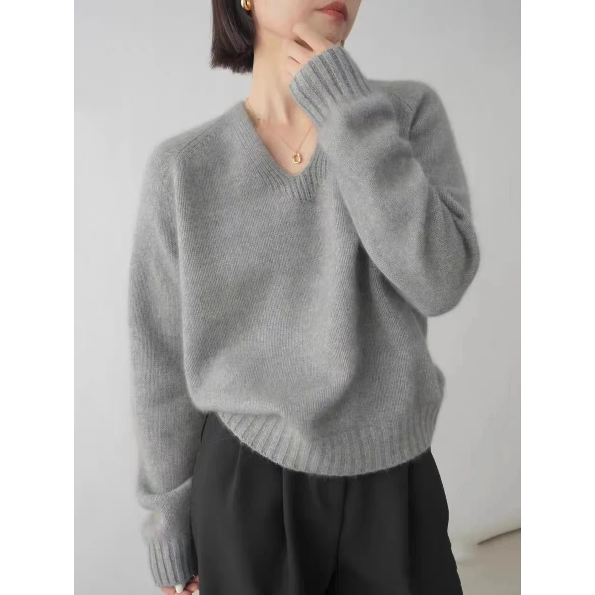 Pure Mountain Cashmere Sweater for Female, V-Neck, Loose Lazy Pullover, Long Sleeve Wool Knitted, Bottoming Sweater, New, Autumn