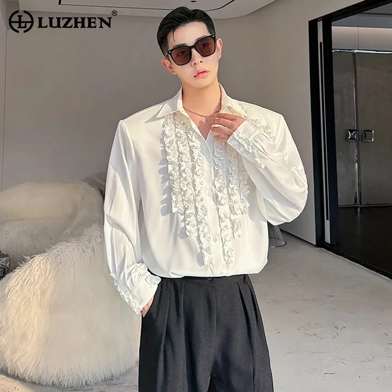 

LUZHEN модная мужская атласная рубашка с рукавами глянцевая элегантная длинная оригинальная трехмерная цветочная рубашка модные топы JY5928