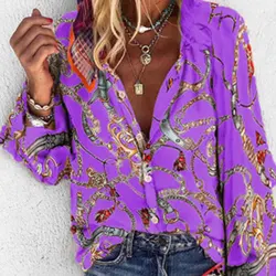 Casual Spring Summer Long Sleeve Blouse Women Vintage Chain Print Loose Shirts Oversized Tops Single-breasted Tunic 2023 New