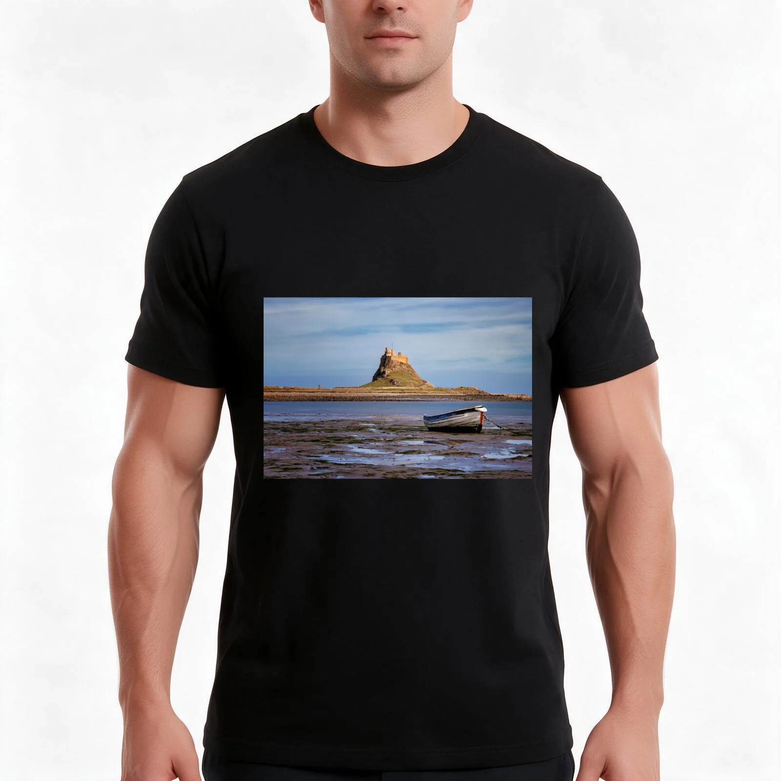 Holy Island Castle T-Shirt, Summer Casual Cotton Tee, Oversized Streetwear Tops, Vintage Graphic Print, Loose Fit Short Sleeve