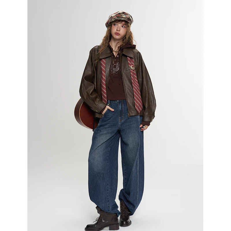 ELFSACK Women's Vintage Straight Pants with Structured Seams, Loose Fit Blue Trousers for Everyday, Casual Outdoor Wear