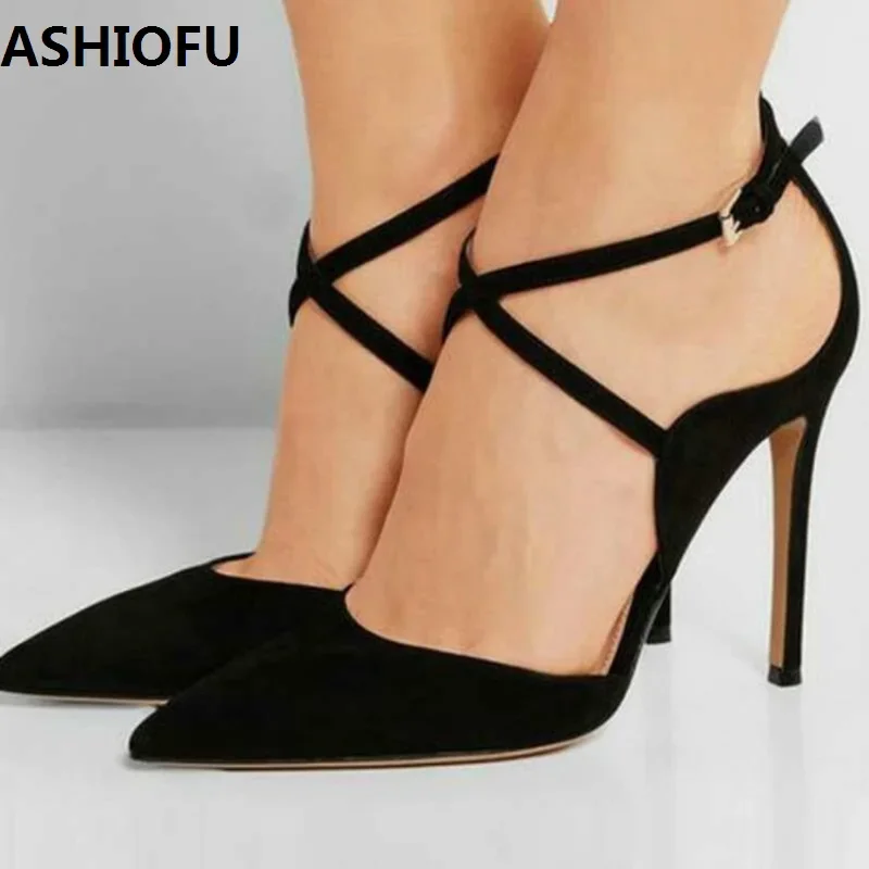 ASHIOFU Wholesale Handmade Ladies High Heel Pumps X-buckle Strap Party Prom Dress Shoes Daily Wear Fashion Evening Court Shoes