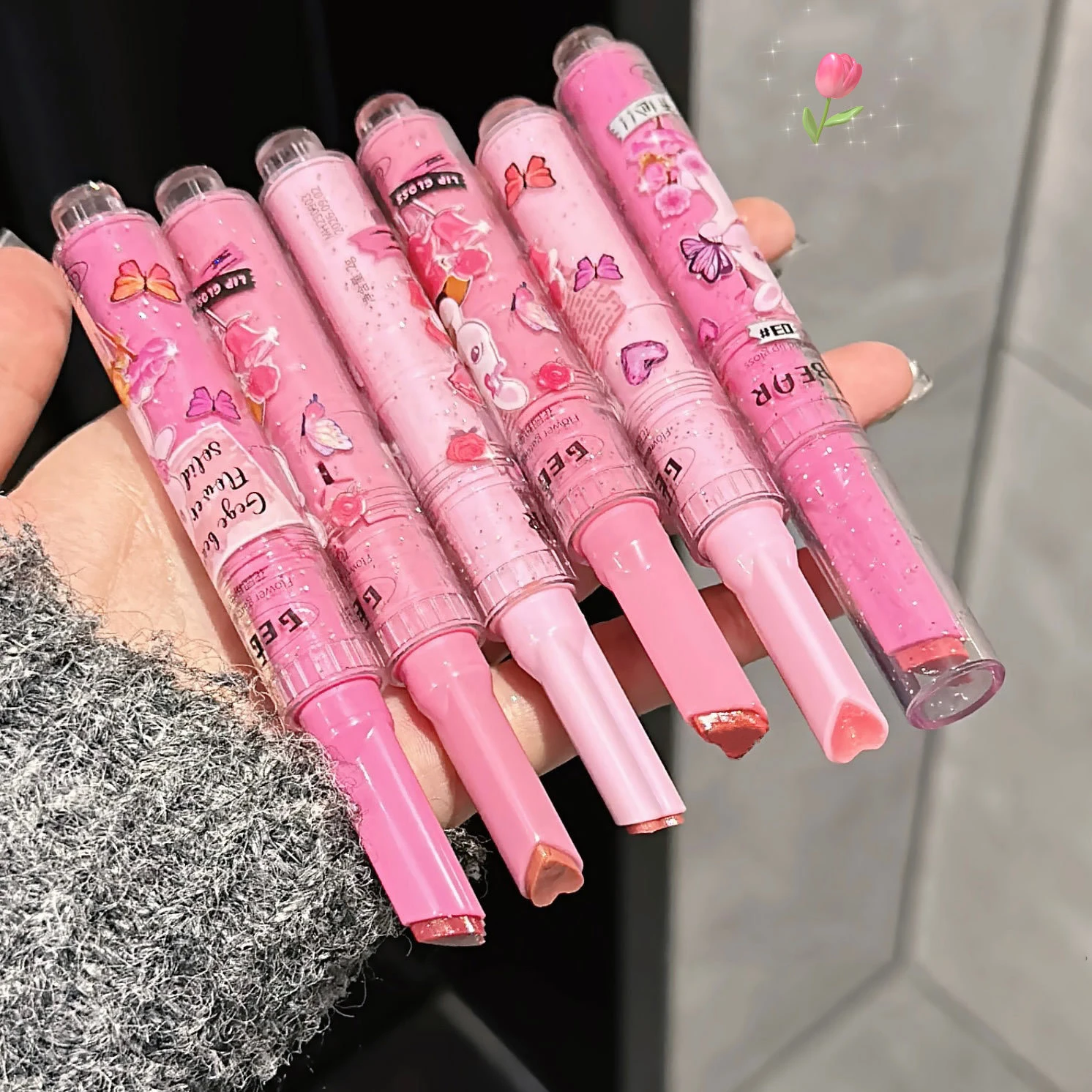 Gege Bear-pintalabios con forma de corazón, cristal de espejo, luz de agua, rosa, conejo, gelatina, tinte de labios coreano