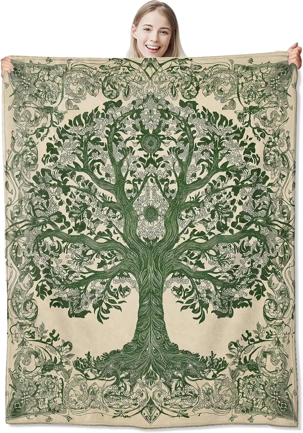 Tree of life blanket green floral pattern boho decor spiritual art soft throw nature design home textile meditation accessory