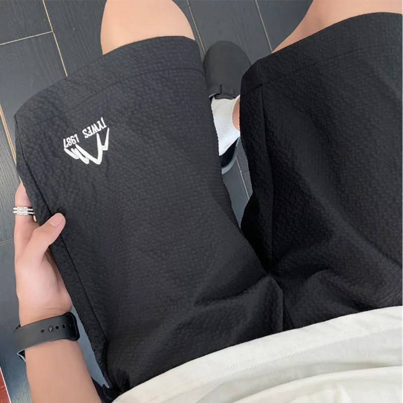 

Qui Dry Bubble Ice Silk Men's orts Summer Five-Quarter Loose Casual Sports Beach Pants mid Waist Elastic Waisand