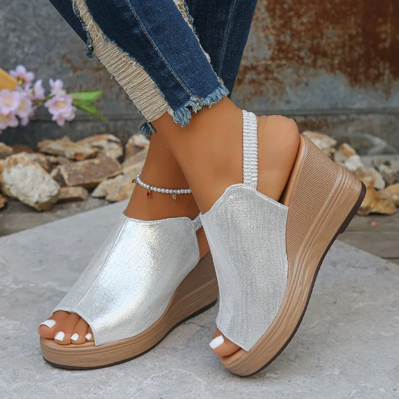 

Ladies Shoes 2025 New Open Toe Women's Sandals Fashion Elastic Band Casual Plus Size Best Seller Non-Slip Solid Wedge Sandals